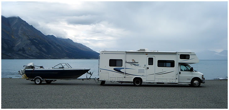 Camping along the Alaska Highway on the shores of Kluane Lake Yukon.