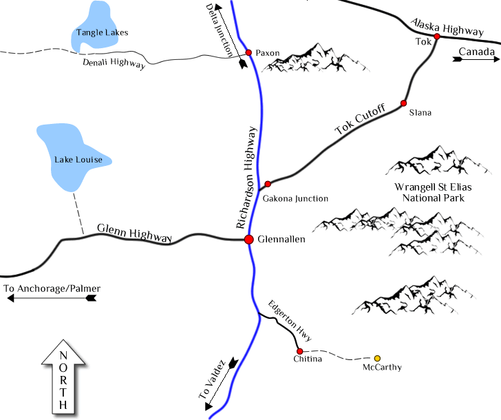 Map of the Richardson Highway and Tok Cut-Off around Glannallen Alaska.